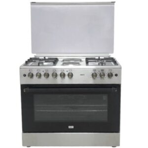 MIKA Standing Cooker, 90cm x 60cm, 4 Gas Pool Jet Burners + 2 RAPID Hot Plates, FLAME FAILURE SAFETY, Auto Ignition, 10 Function Full 90cm Electric Oven (Air Fry+Convection Fan), Rotisserie, Half Inox